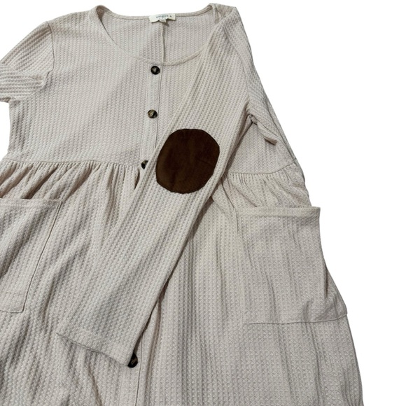 Umgee Waffle Knit Long Sleeve Elbow Patch Cream Babydoll Dress Women’s Size XL - Picture 10 of 12